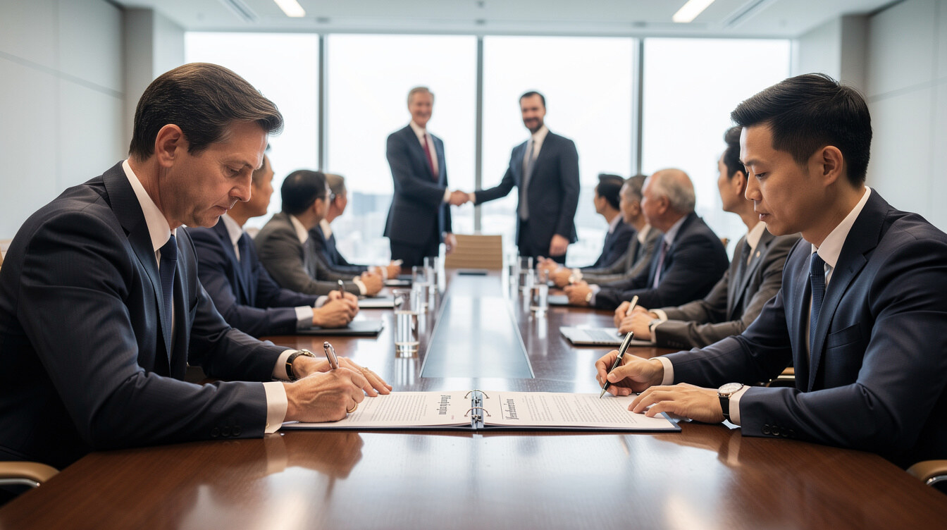 Business delegation signing an international trade agreement