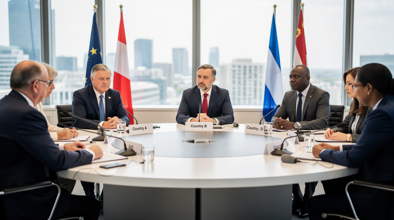 Diplomats seated around a round table at an international summit