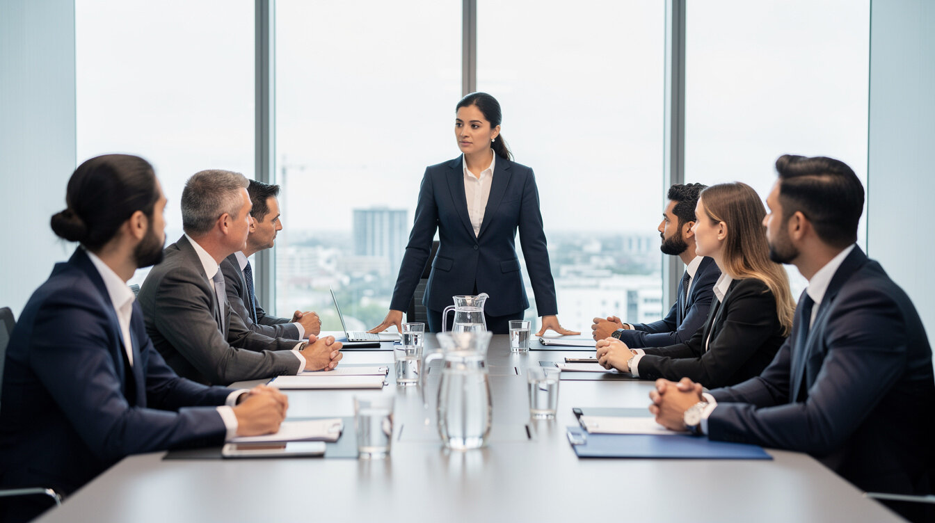 Two business delegations in a calm mediation negotiation session